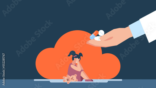 Doctor gives medicine for kid. The child is afraid of treatment. Caring for immunity. Healthcare. Scared little girl. The doctor holds medicine in his hand. Help the patient. Vector illustration.