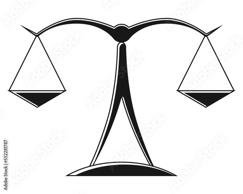 Justice scales silhouette. Mechanical balancing scales, symbol of law and judgment, punishment and truth, measuring device. Vector monochrome icon