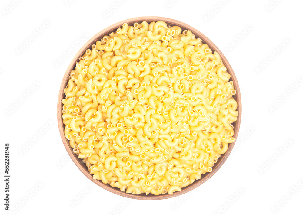 Italian pasta in brown clay bowl isolated on white background Italian pasta in brown clay bowl isolated on white background