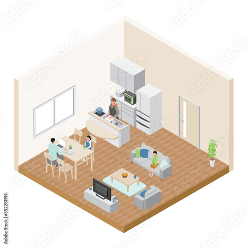 アイソメトリック_リビングで在宅ワークをする男性とキッチンで料理をする女性