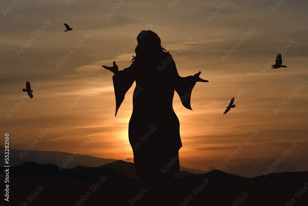 custom made wallpaper toronto digitalVector silhouette of Jesus on sunset background. Symbol of Christianity and religion.