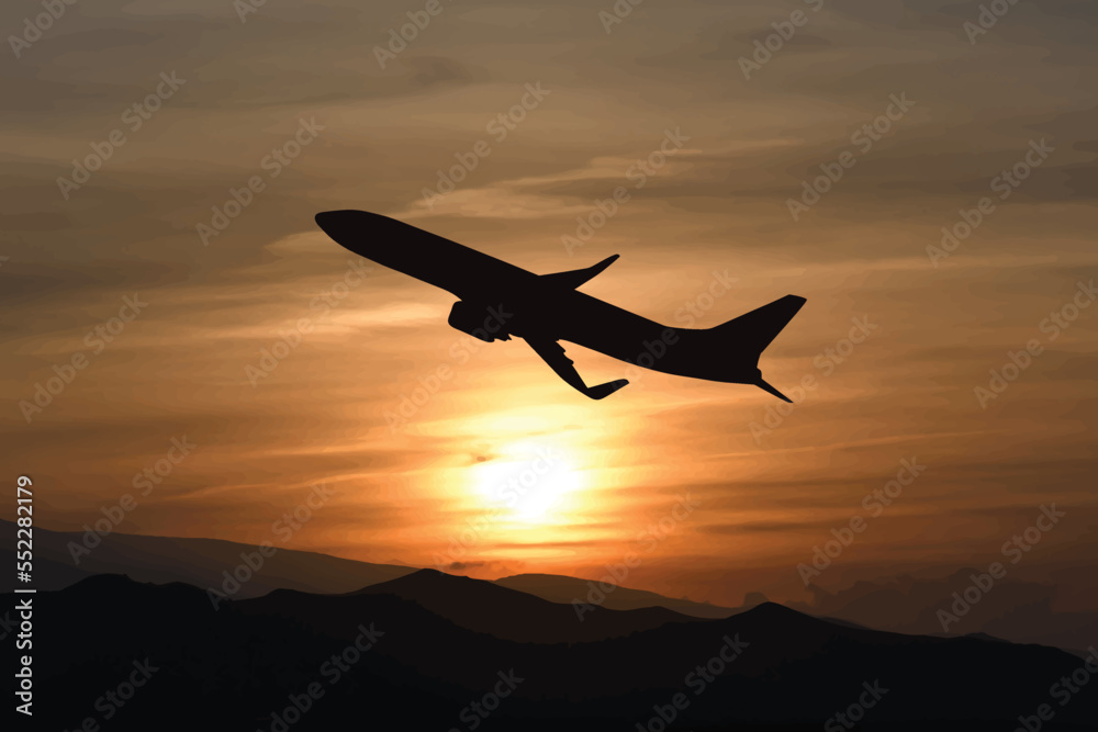 Vector silhouette of plane on sunset background. Symbol of travel and journey. Vector silhouette of plane on sunset background. Symbol of travel and journey.