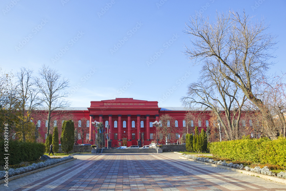 Main red building of National Taras Shevchenko University in Kyiv, Ukraine - obrazy, fototapety, plakaty 