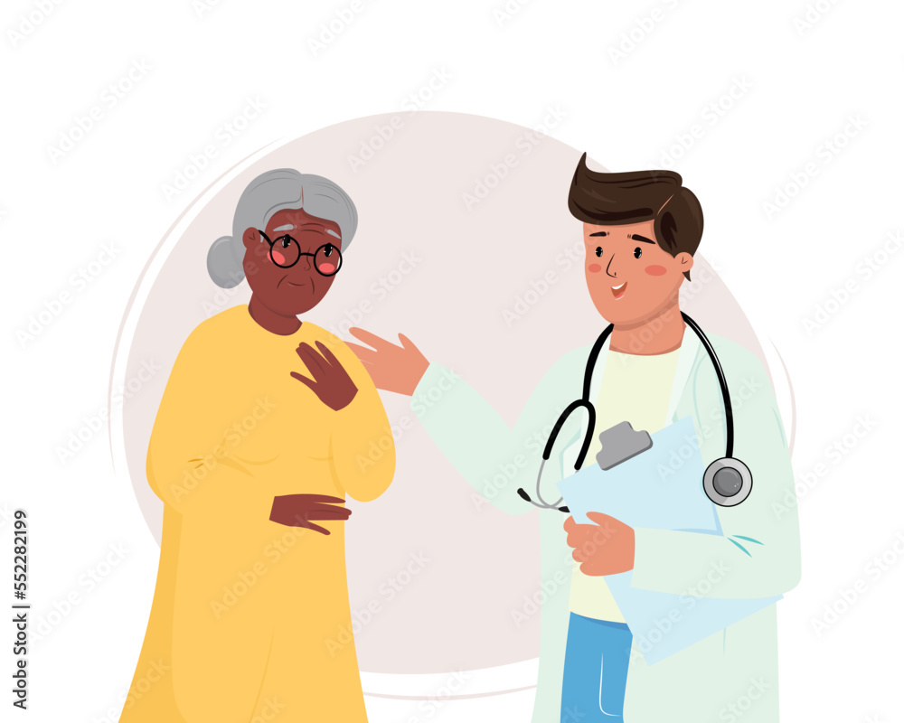 Old black woman visit the doctor and talking about her problems. Old black woman visit the doctor and talking about her problems.