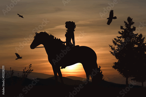 Vector silhouette of horse on sunset background.