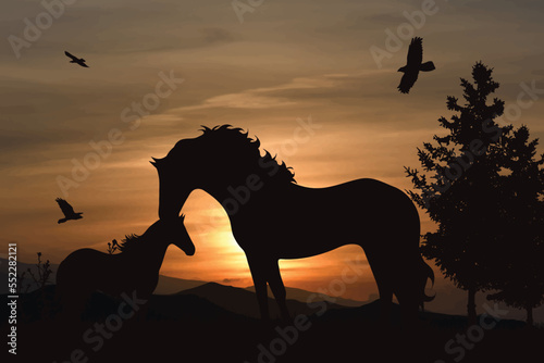 Vector silhouette of horse on sunset background.