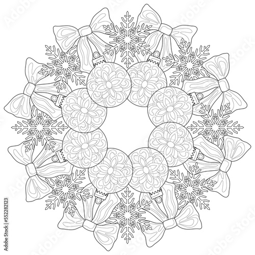 Christmas or New Year mandala. Glass balls with simple patterns, bows and snowflakes. Winter illustration on white isolated background. For coloring book pages.