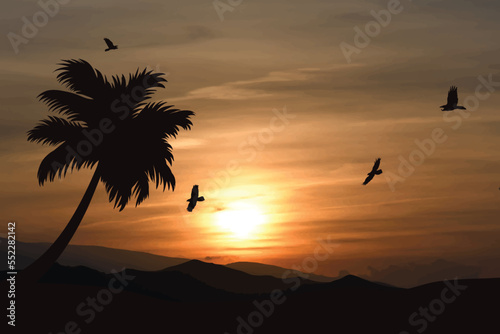 Vector silhouette of palm tree on sunset background. Symbol of evening and exotic.