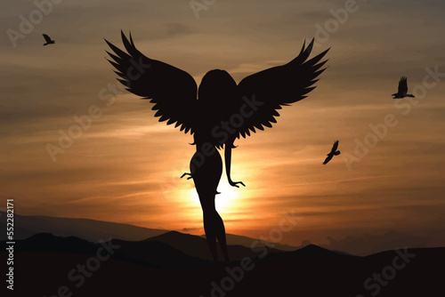 Vector silhouette of angel on sunset background. Symbol of faith and religion. © majivecka