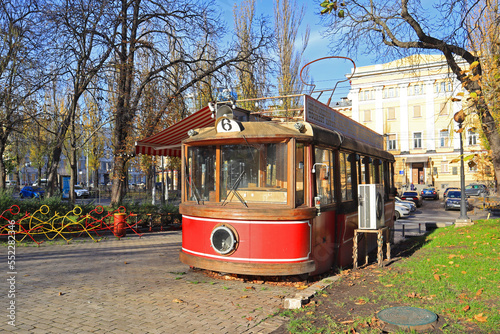 Vintage tram in Shevchenko Park in Kyiv, Ukraine