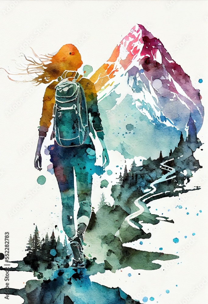 Woman hiker in the mountains. Beautiful abstract painting, smudge, drips, spattered. Colorful creative illustration generated by Ai