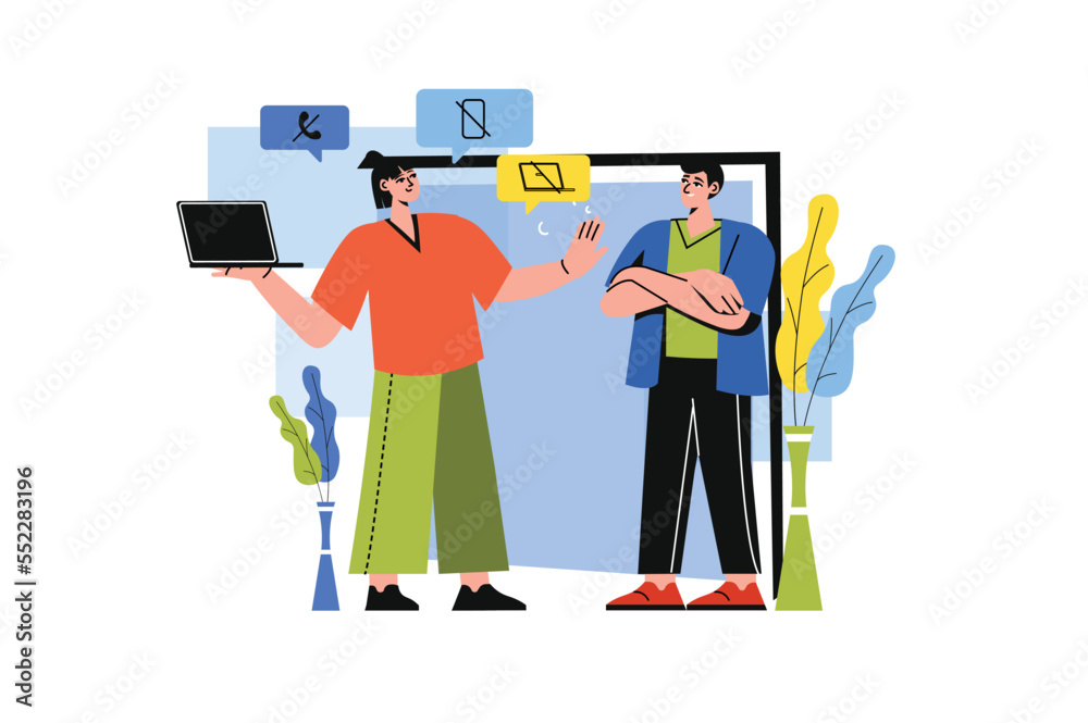 Fototapeta premium Digital detox color concept with people scene in the flat cartoon style. Girl offers the guy to do a digital detox and break from gadgets. Vector illustration.