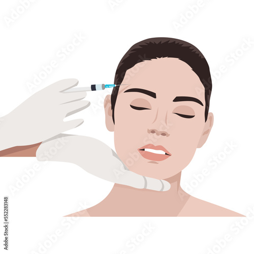 Hands of cosmetologists make medical injections of botox to a beautiful brunette woman. Skin lifting. Face care. Beauty salon and spa