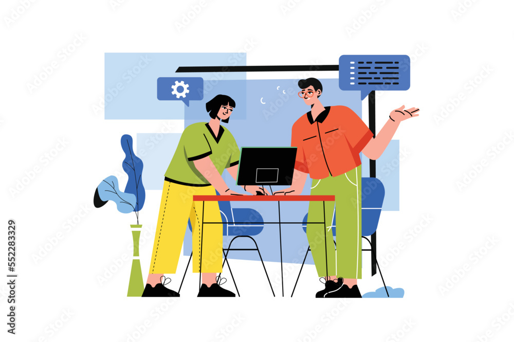 Color concept Programming with people scene in the flat cartoon design. Two employees decide to write a programming code for application. Vector illustration.