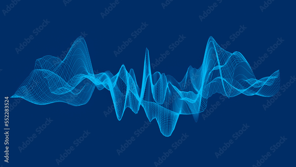 Illustration of abstract blue wireframe sound waves, visualization of frequency signals audio wavelengths, conceptual futuristic technology waveform background with copy space for text