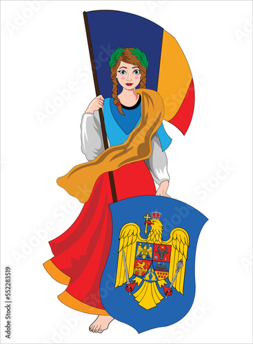 Romania girl holding flag and shield vector illustration