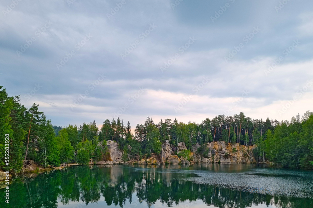 View of a beautiful mountain lake in the green mountains.