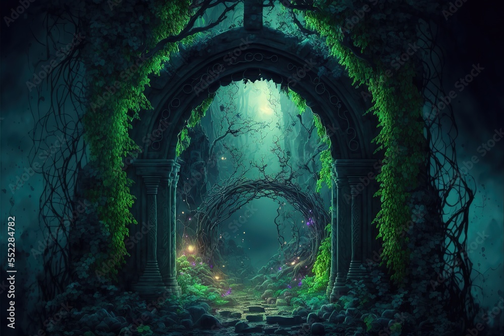 Magical portal with arch made with tree branches in shady green forest. Open door to alternative dimension fantasy scene. 3d artwork. AI