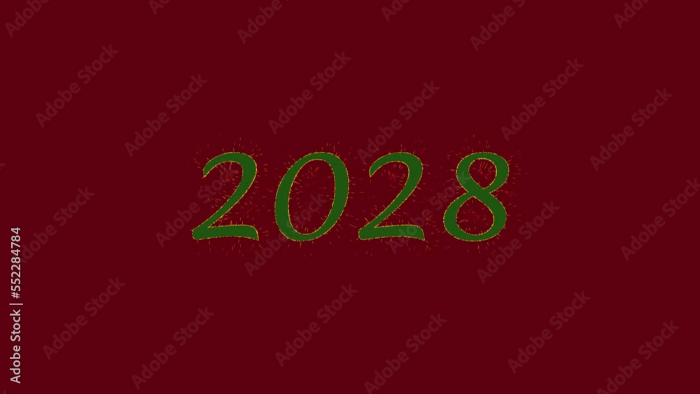 Green inscription 2028 with golden sparks on red background Viva Magenta with Alpha Channel. Color of the year. Christmas and New Year concept. Festive background. 4K footage. 3D animation
