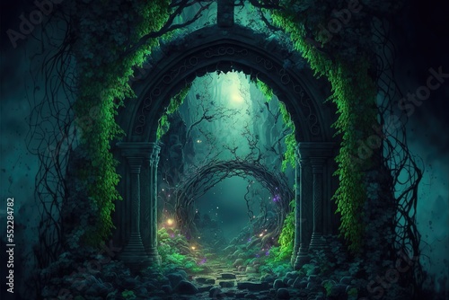 Magical portal with arch made with tree branches in shady green forest. Open door to alternative dimension fantasy scene. 3d artwork. AI