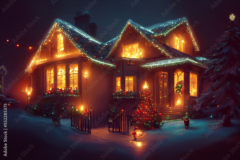 AI-generated Christmas lights decorated house