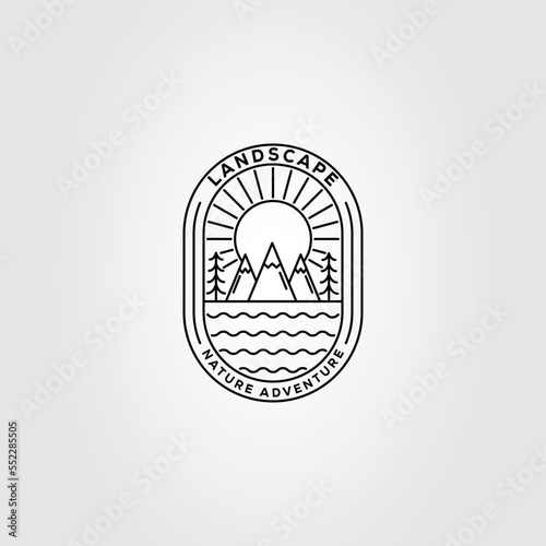 mountain, sunburst and ocean landscape logo vector illustration design.
