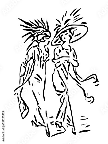 Foto two women in Edwardian fashion, outline sketch