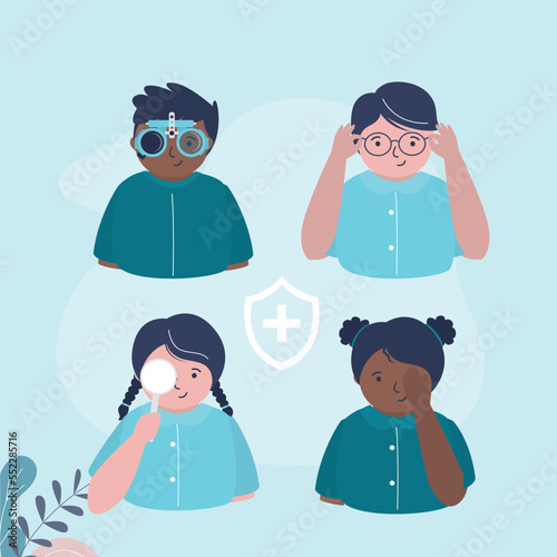 Small multiethnic children checks vision. Set of kids exam at ophthalmologist. Instruments for eye examination. Ophthalmology, eyesight check, healthcare. Kid portraits and tools