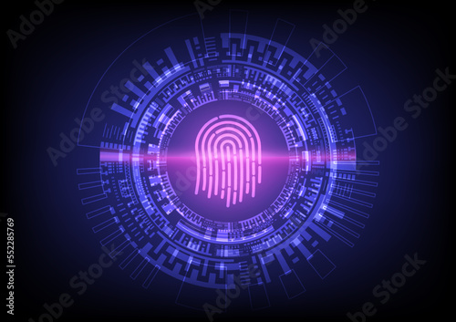 Fingerprint security technology There is a tech circle outside. Purple scan laser line on blue gradient background