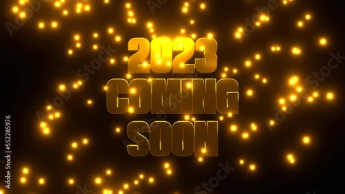 2023 COMING SOON with golden falling particle on black background. 4K UHD. 3d rendering.