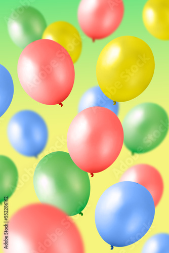 Flying colorful balloons on a green background.