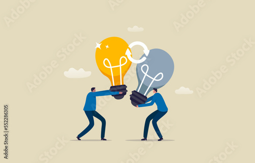 Swap Ideas Day. Brainstorming and Exchange ideas. sharing knowledge. Two men exchange lightbulb ideas. Illustration