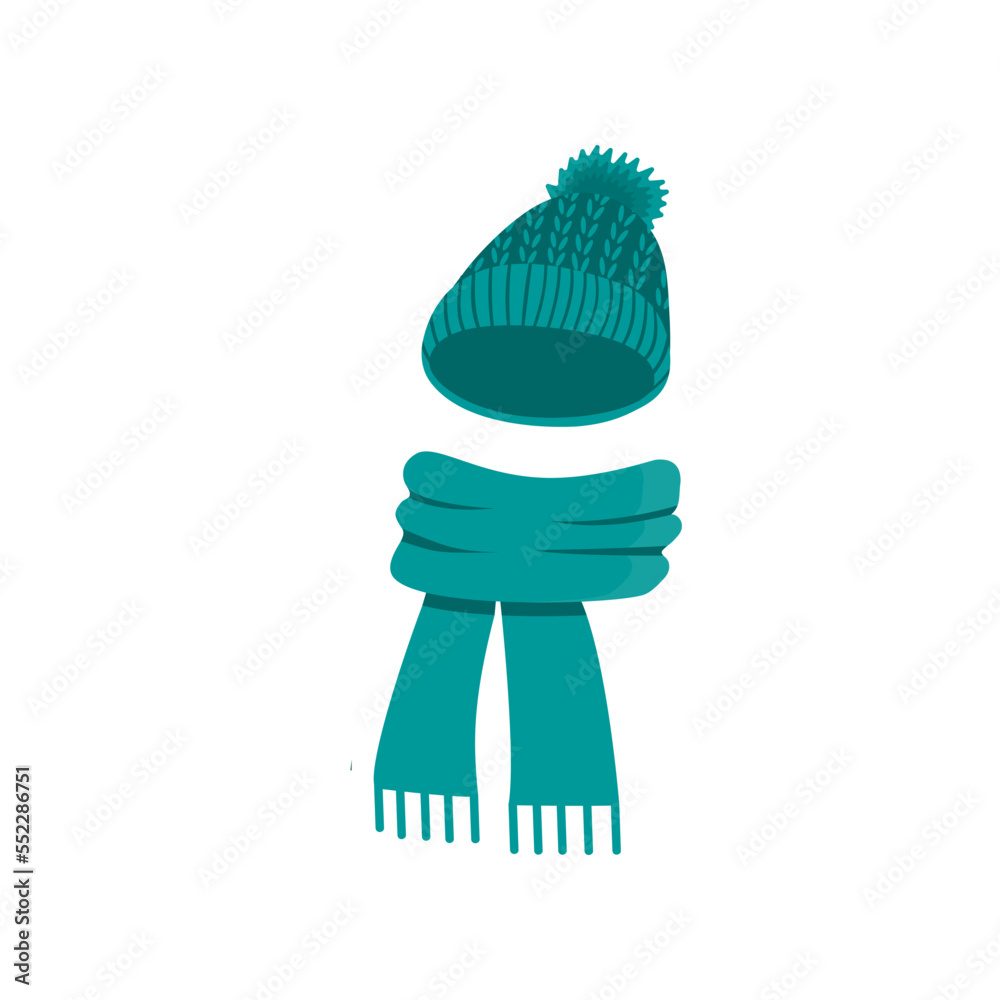 Cute knitted warm autumn and winter clothing. Warm kids hats and scarves. Headwear and accessories, children clothes accessory for cold weather cartoon vector