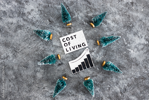 Cost of Living graph with stats going up surrounded by mini Christmas trees, inflation rising during the 2022 festive season