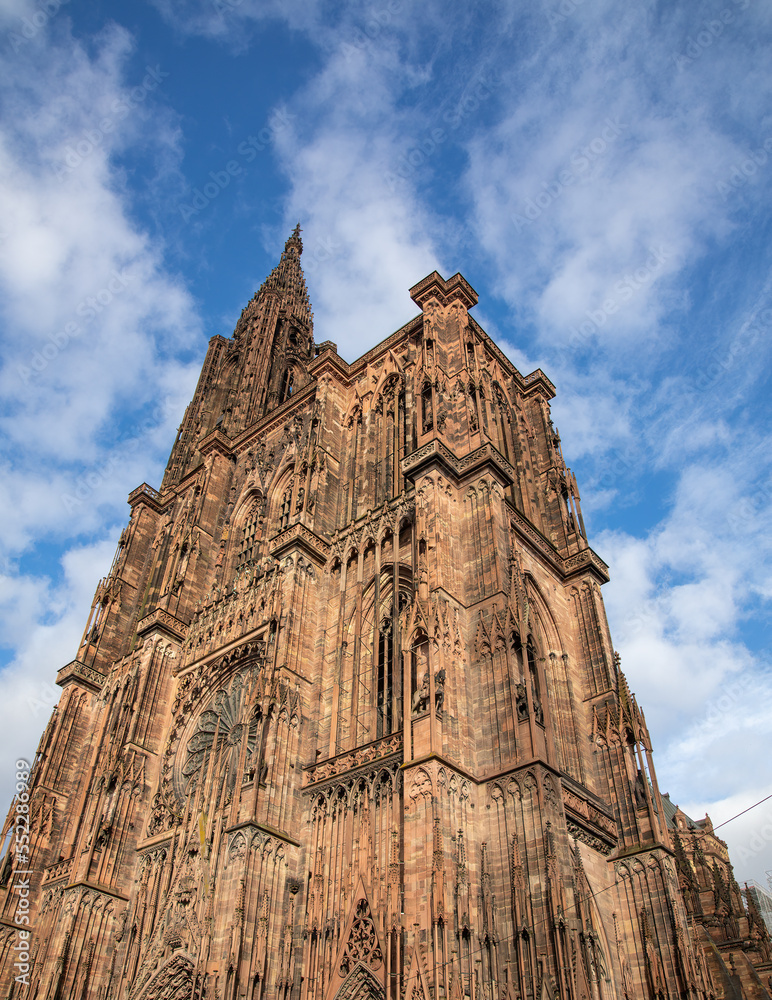 View of the main tower of Strasbourg Cathedral in winter, France