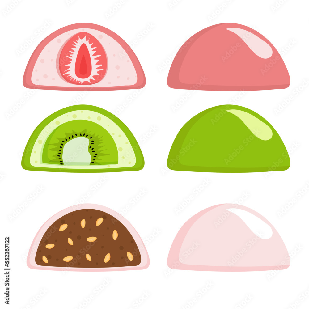 Japanese sweet  colorful daifuku  with different fillings. Vector illustration. 