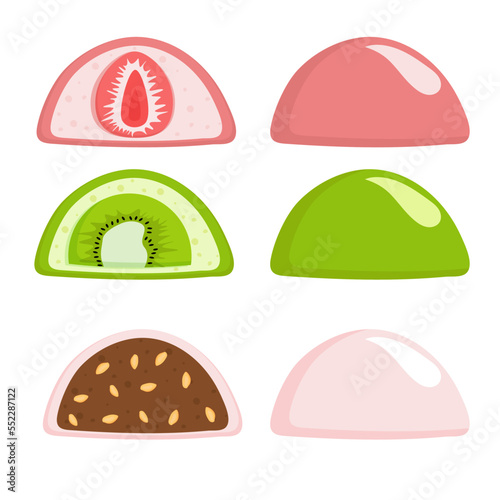 Japanese sweet  colorful daifuku  with different fillings. Vector illustration. 