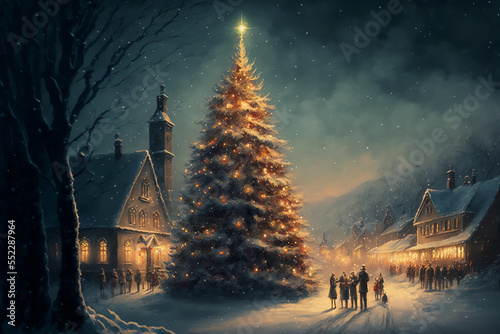 Christmas scene in a winter village by night. People celebrating Christmas around the Christmas tree. Generative AI painting wallpaper