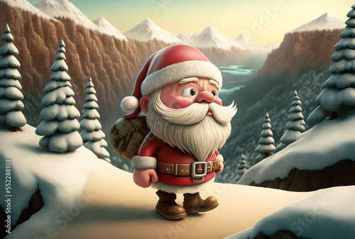 A cartoon Santa Claus is wearing a Santa hat and carrying Christmas gifts in his backpack. He is walking in the snow against a winter mountain top background, Generative AI 