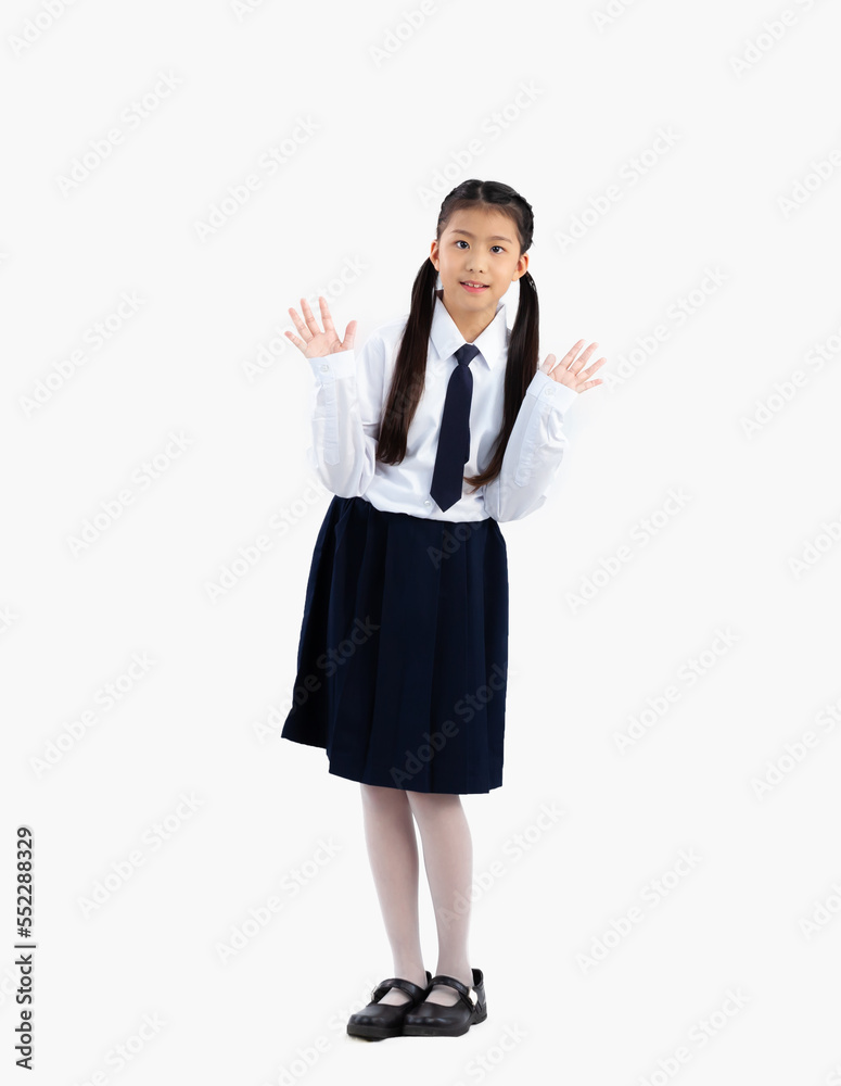 Asian schoolgirl long hair style in uniform standing full length white background.