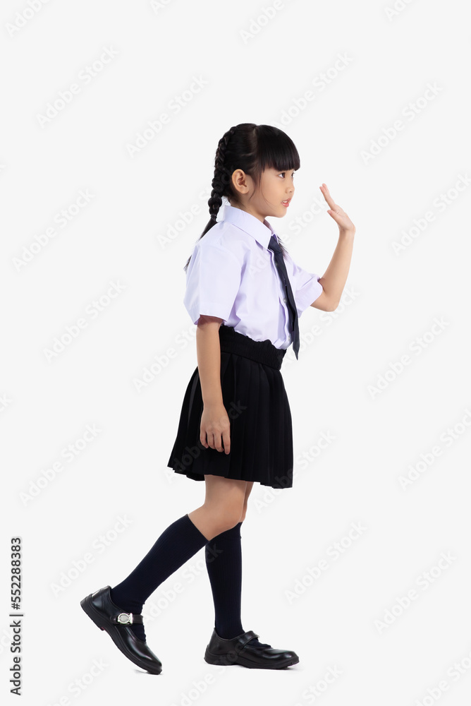 Asian student international school in uniform standing full length waving hand on white background. Asian student international school in uniform standing full length waving hand on white background.