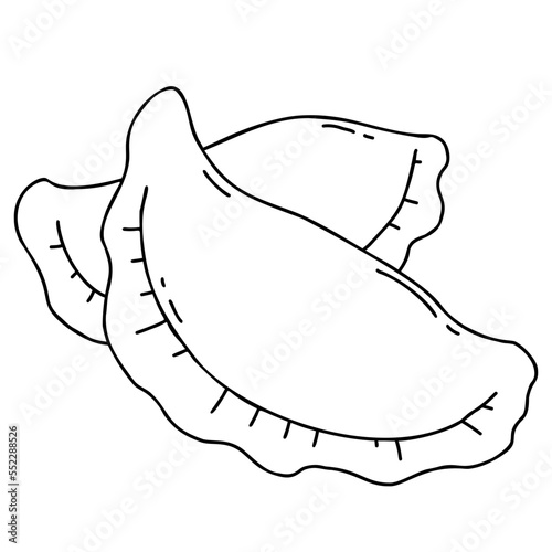 Dough dumplings with stuffing. Vector illustration. Linear hand drawing. Traditional Ukrainian dumplings, pierogies, Mexican Empanada.