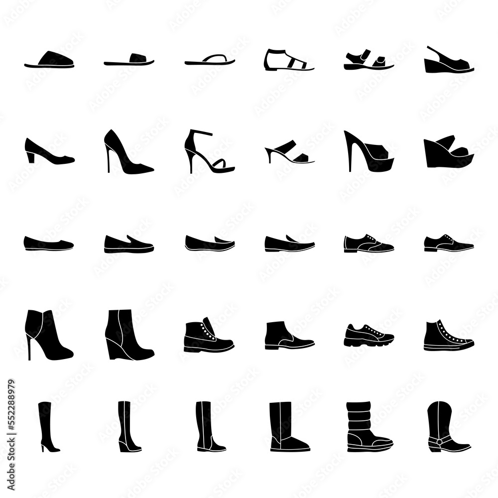 Set of men's and women's shoes icons, black silhouette isolated PNG