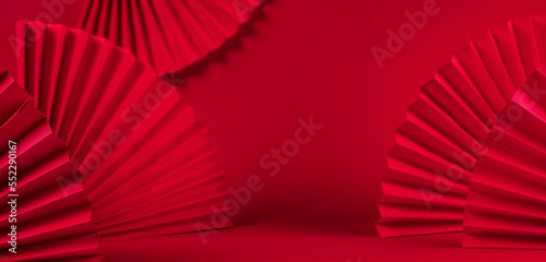 Chinese New Year 2023 .Decor pattern fan on red background. Red paper fans .Lunar New Year banner template. Color of the year 2023 viva magenta.color pantone Lunar New Year chinese banner