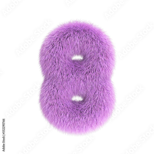 Hairy font, furry alphabet, 3d rendering, number 8