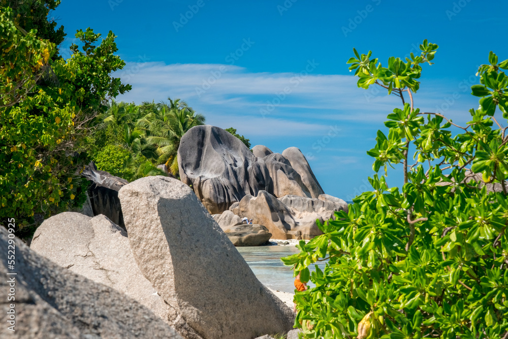 Anse Source d'Argent, La Digue Seychelles. Picturesque paradise beach. Granite rocks,white sand,palm trees,turquoise water