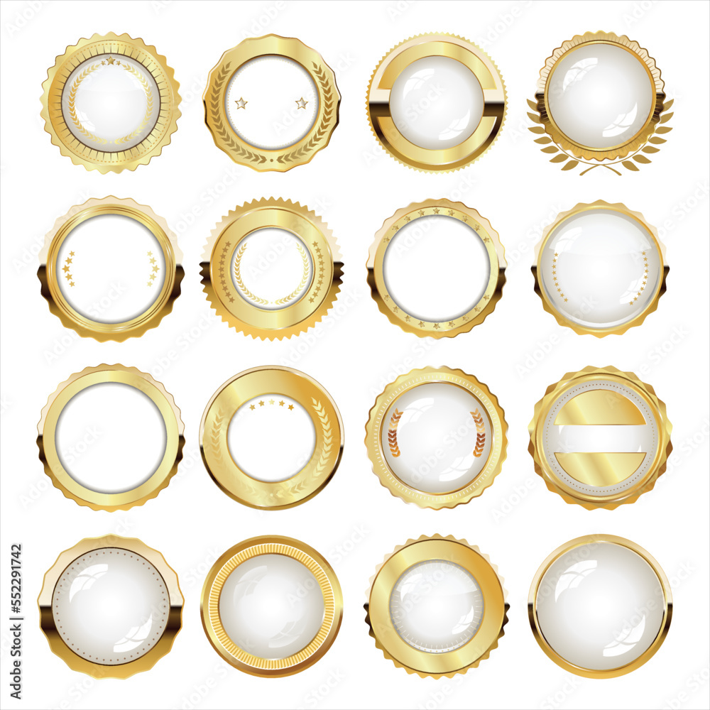 Collection of white and gold badges isolated on white background Collection of white and gold badges isolated on white background