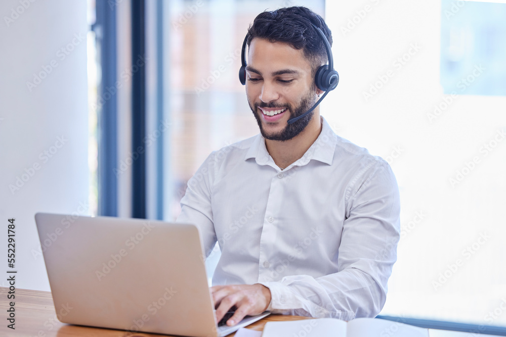Man, customer service and telemarketing call center agent using laptop and headset in the office. Contact us, sales and help desk job, smile and working to tell you about us in crm business workplace Man, customer service and telemarketing call center agent using laptop and headset in the office. Contact us, sales and help desk job, smile and working to tell you about us in crm business workplace
