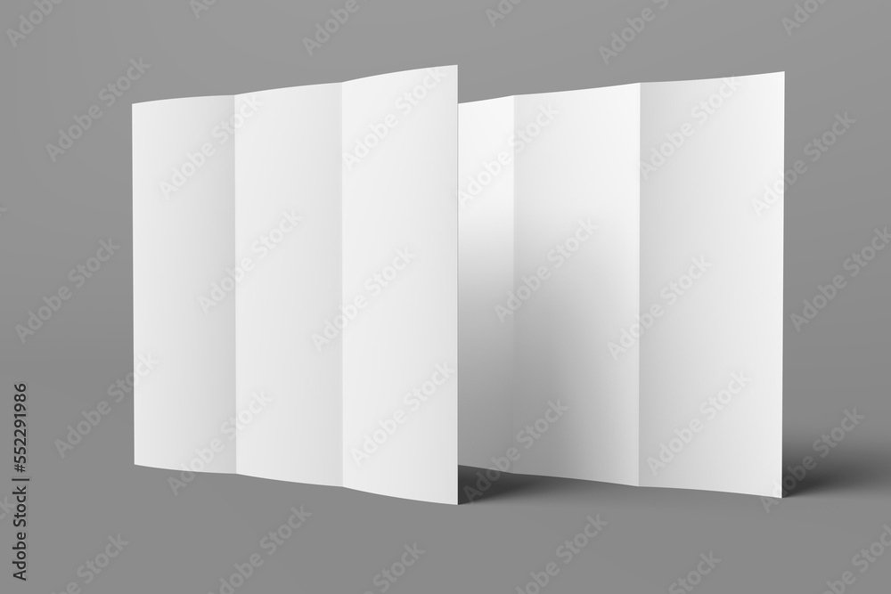 3D realistically rendered tri-fold brochure mockup drawing. Brochure mockup standing on isolated gray background. Mockup of 2 tri-fold brochures lying open. 3D realistically rendered tri-fold brochure mockup drawing. Brochure mockup standing on isolated gray background. Mockup of 2 tri-fold brochures lying open.