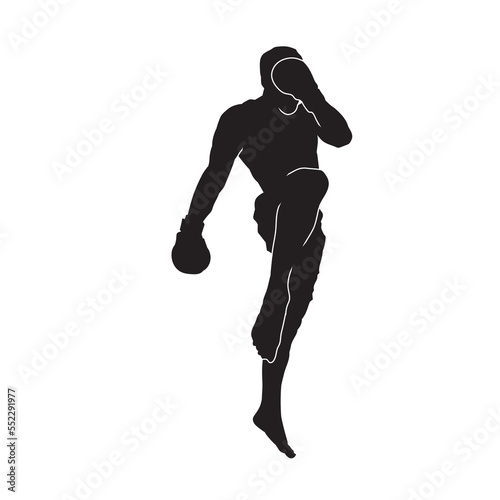 Black Illustration kick boxer isolated vector silhouette. On white background.